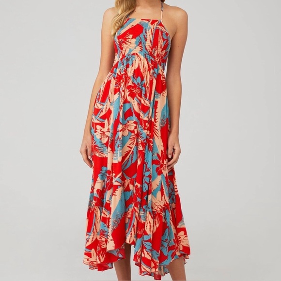 Free People Tropical Red Heatwave Maxi Smocked Sundress Size Small - Picture 1 of 11